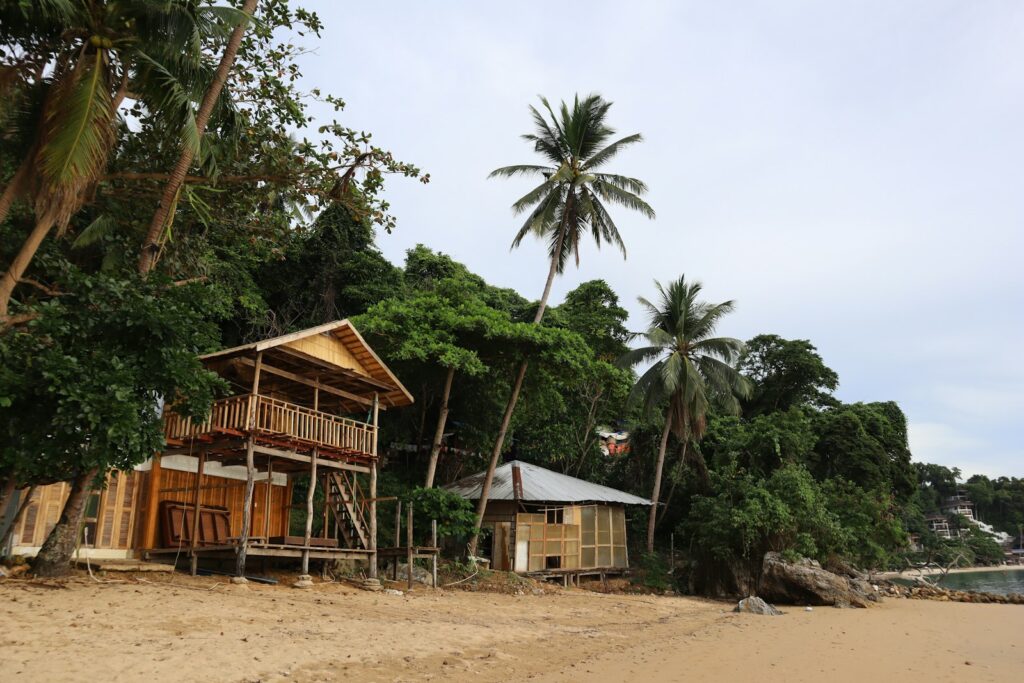 Traditional wooden coastal houses in a Malaysian kampung